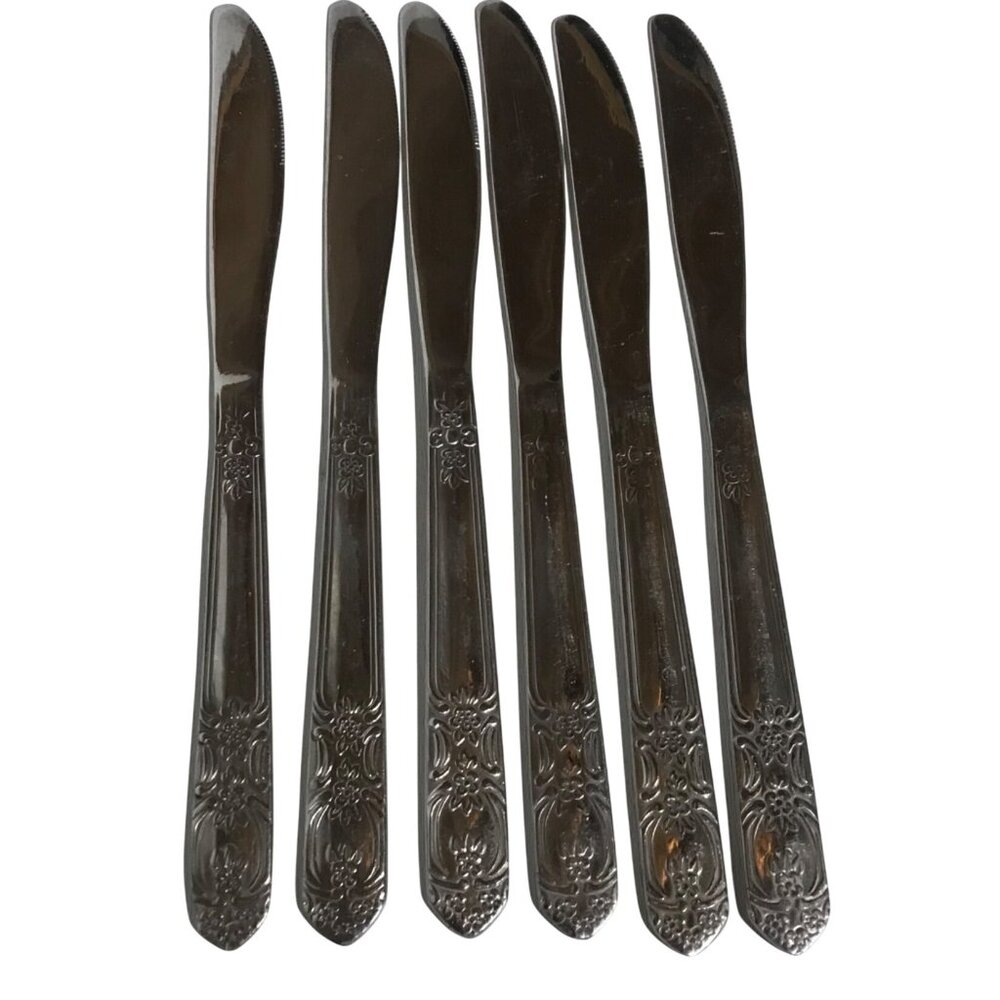 Share Dinner Bread Knives Set Of 6 With Ornate Floral Handles Silver Plated